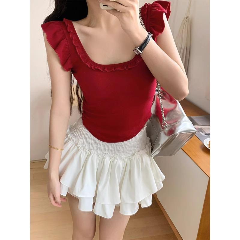 French square collar, fungus edge, curved hem, beautiful back, short sleeves, pure lust bow T-shirt, women's short midriff-baring top, summer
