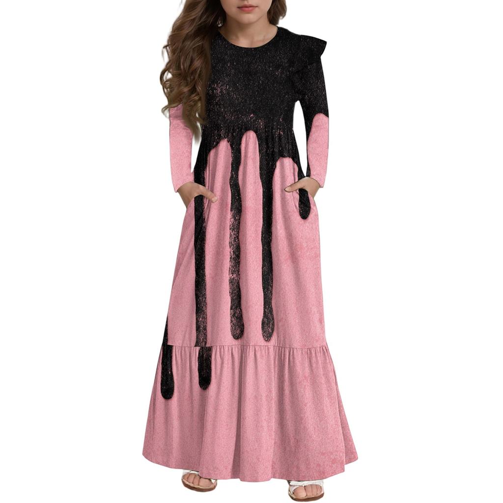 Girls' Tiered Ruffle Dress Halloween Day - Long Sleeve Printed Maxi With Pockets