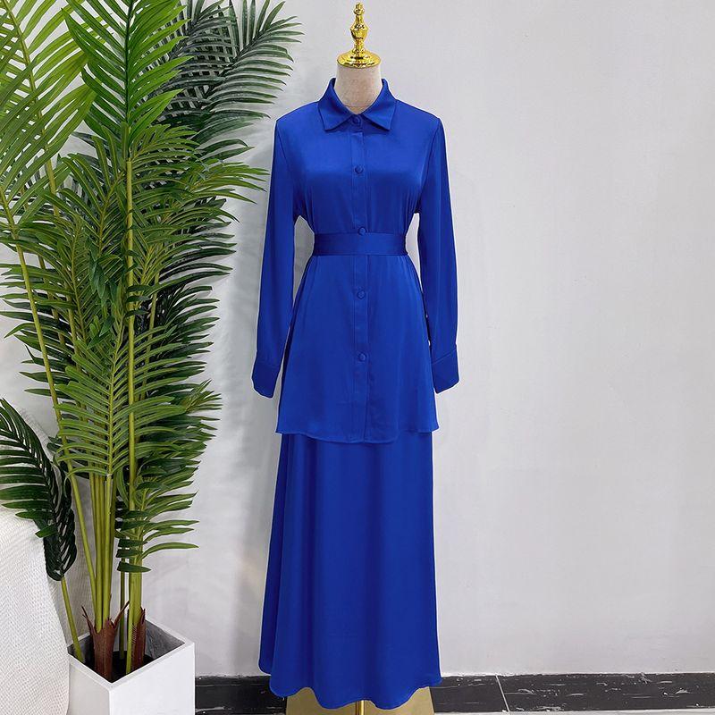 

New 2023 Ethnic Style Solid Lace-up Top + Skirt sets Lace up Top + Skirt Suit Sapphire Blue S