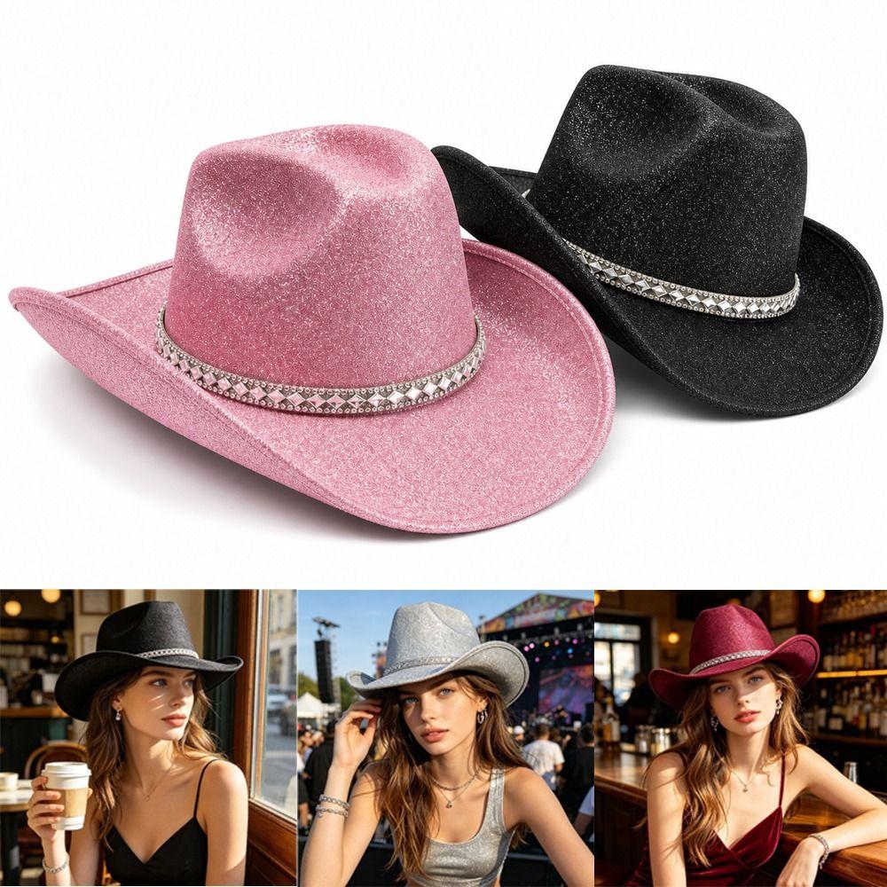 Rhinestone Band Glitter Cowboy Hat Wide Curved Brim Western Cowboy Hat Festival Accessory