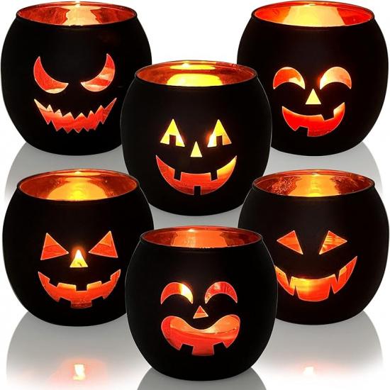 Halloween Table Decor Set of 6, Jack O Lanterns Black Glass Votive Tealight Candle Holders, Halloween Decorations Indoor Party Mantel Coffe Table