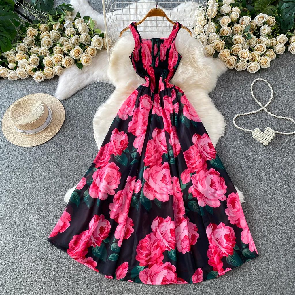 Charming and Elegant Vacation-Style Square-Neck Spaghetti-Strap Dress for Women Summer Dopamine Print A-Line Maxi Dress