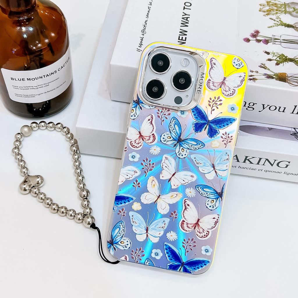 Electroplated Laser Butterfly for IPhone16e Mobile Phone Case for Apple 15promax with Pearl Bracelet 14