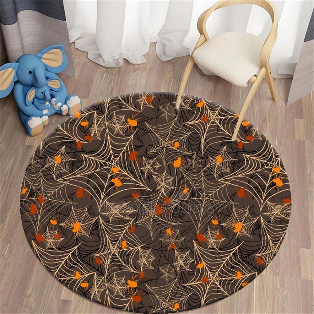 Halloween Round Carpet Magic Pumpkin Demon Bat Graphic Print Rug For Living Room Table Chair Decor Non-slip Circle Floor Mats
