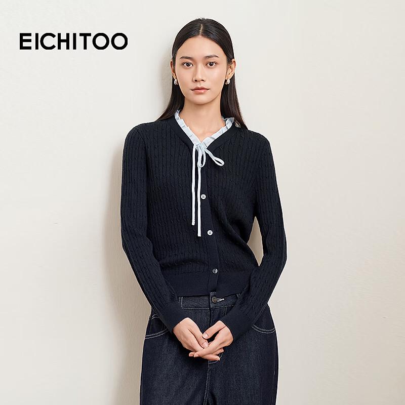 EICHITOO Women s Wool Blend Navy Ruffle V-Neck Sweater M