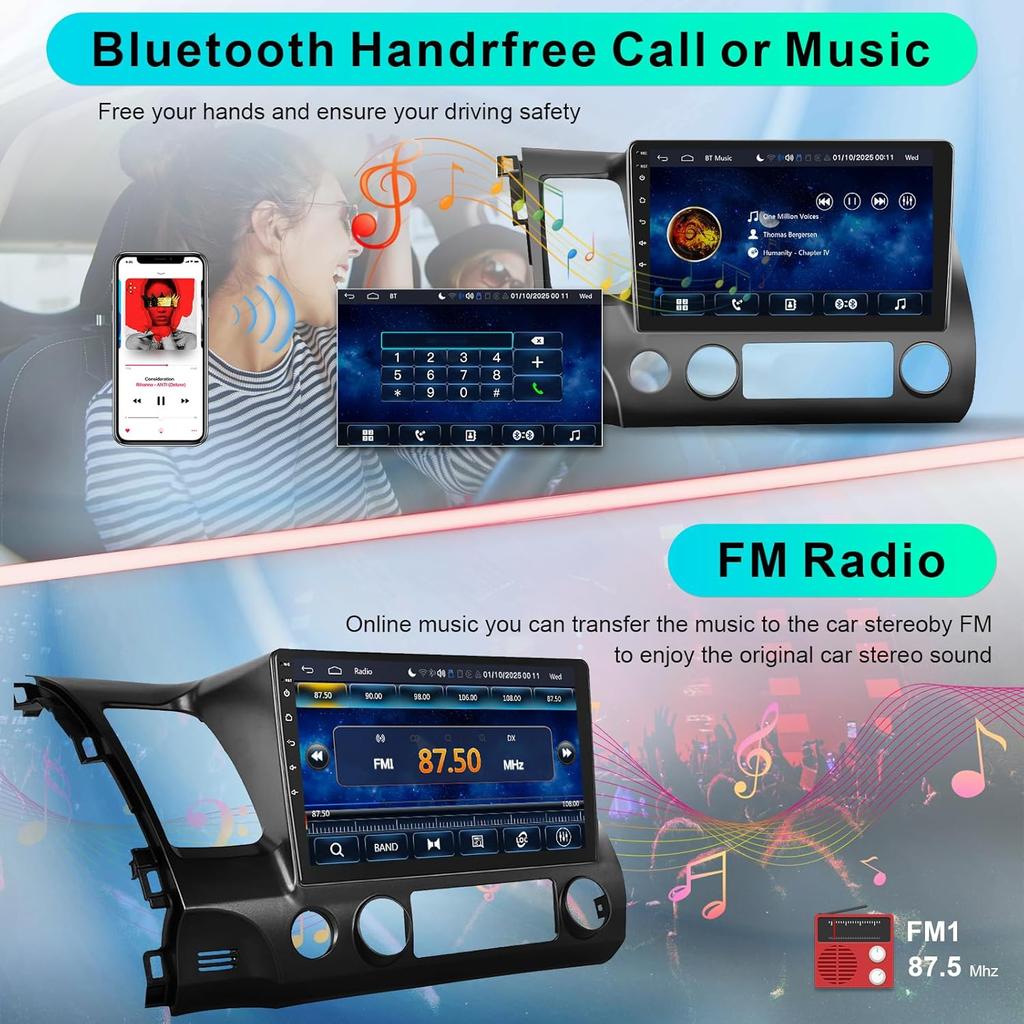 Car Stereo Radio for Honda Civic 2006-2011, 10.1' Touch Screen with Wireless CarPlay, Android Auto, Bluetooth, GPS, MirrorLink,