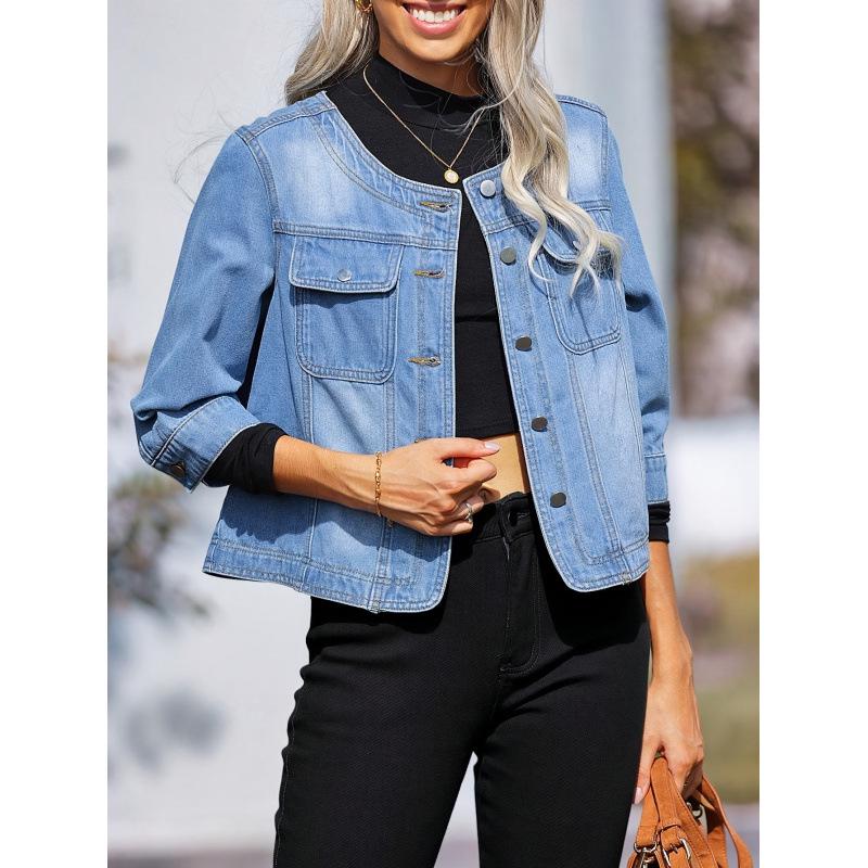 2026 Korean-European Women's Light Blue Single-Breasted Denim Jacket
