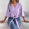 Spring and Summer Casual V-neck Buttoned Seven-Inch Sleeve Bowknot Silk Blouse for Women