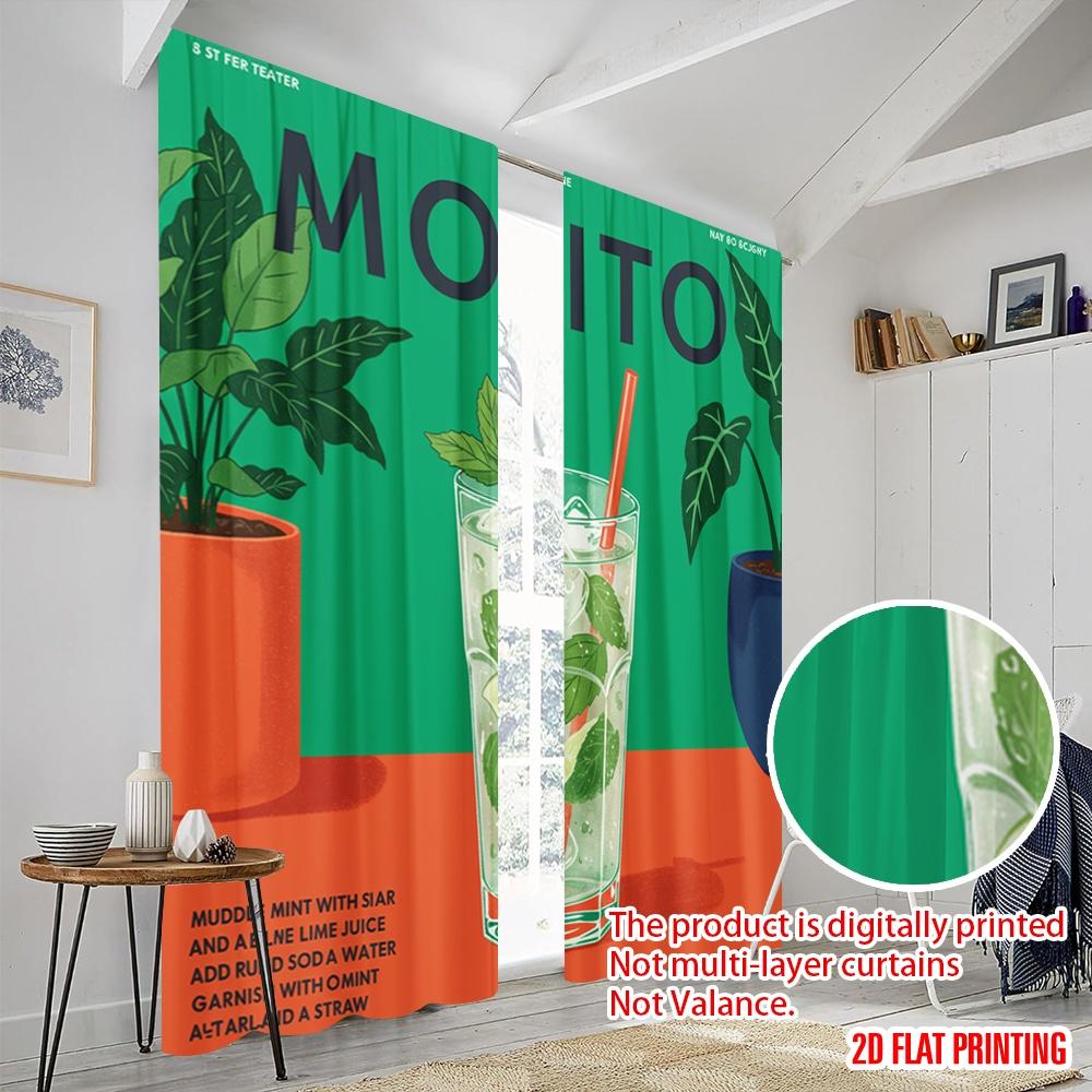 2pcs 2D Flat Printing Party Window Curtains Mojito Summer Drink Green Polyester Without Electricity Birthday Party for Home
