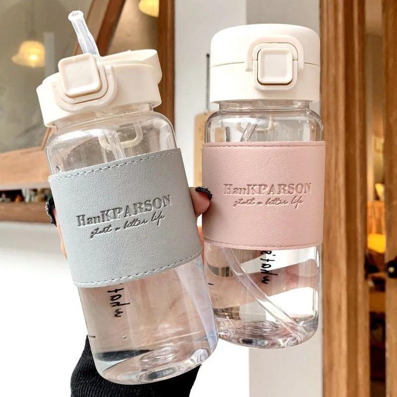 Portable Water Bottle with Straw Leak-proof Plastic Waterbottle Drinking Juice Milk Coffee Cup for School Kids Drinkware Gifts