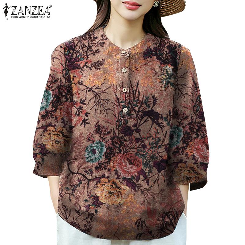 

ZANZEA Женская повседневная летняя блузка с круглым вырезом и рукавами 3/4 с принтом