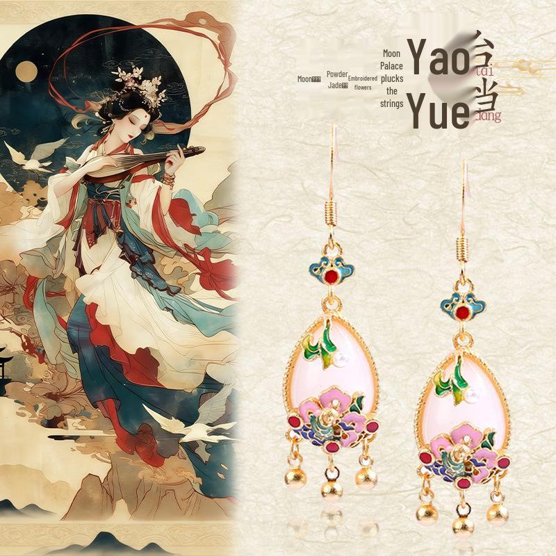 925 Sterling Silver Chinese Enamel Earrings - Gradient Blooming Flower Design with Imitation Jade for Women, Qipao Hanfu Style