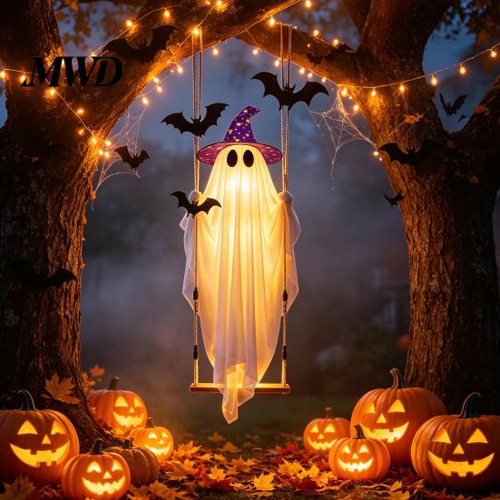 Beleuchteter Geist für Baumdekoration Halloween Schwingendes Hängedekor mit LED-Lichterkette Außen Dekoration, Verstellbare Party Requisiten Hof Beleuchtung