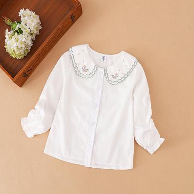 Girls Shirt Embroidered Collar Long Sleeve Blouse for Cute Baby Girl Age 2-6 Children's White Shirt