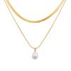 Stainless Steel Water Drop Imitation Pearl Double Layer Stacked Gold Necklace Fashion Jewelry 2076