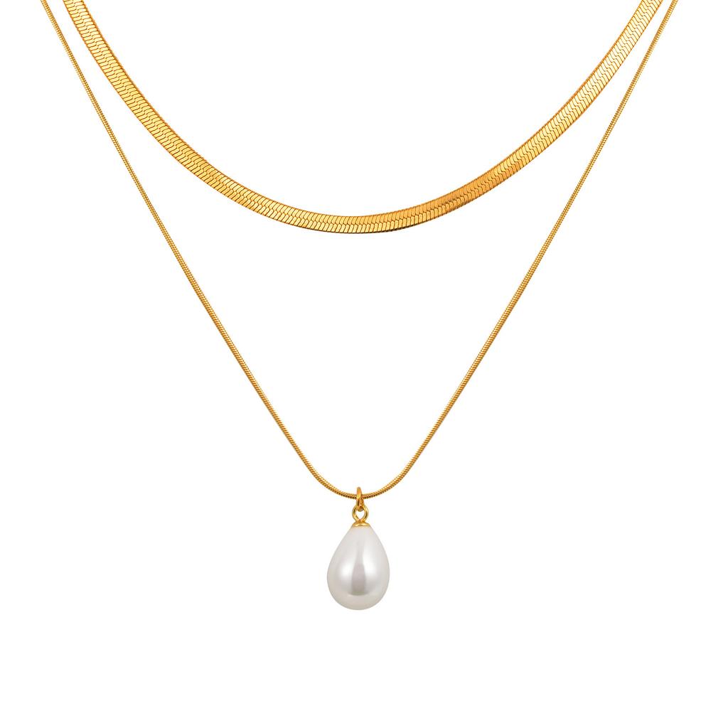 Stainless Steel Water Drop Imitation Pearl Double Layer Stacked Gold Necklace Fashion Jewelry 2076