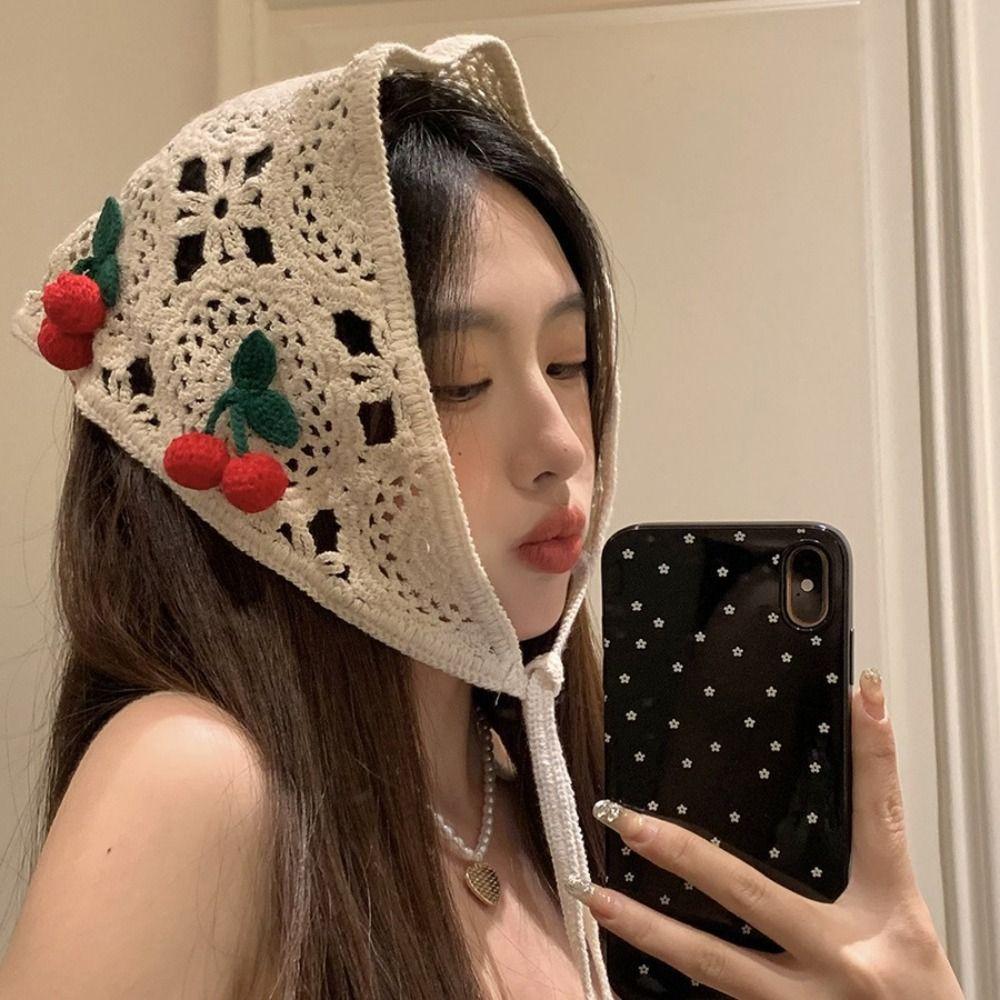 Sweet Floral Knitted Headband Cherry Crochet Bandana Cute Ethnic Style Turban Travel