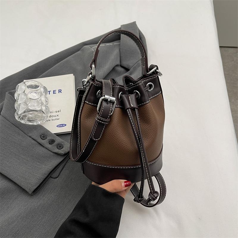 Luxury Designer Bucket Crossbody Bag  New Women Drawstring Vintage Handbags High Quality Patchwork Leather Shoulder Bags