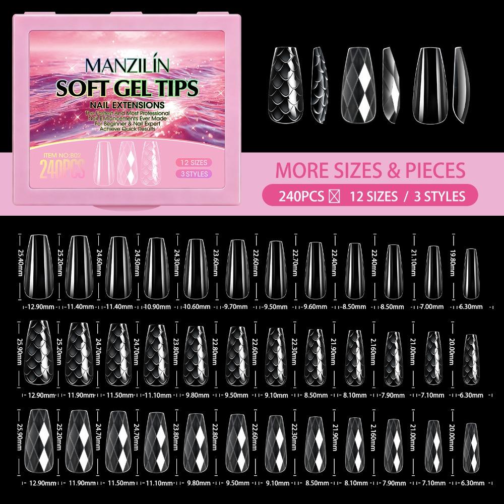 240pcs 12 Sizes Press on Nails Shell/Almond Shape Gel Nail Tips Woman DIY Nail Art