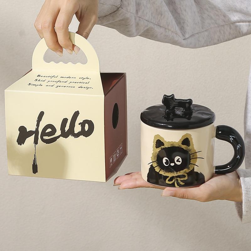 Cute Hat Cat Mug with Lid Cute Cartoon Animal Ceramic Cup Office Home Coffee Water Cup