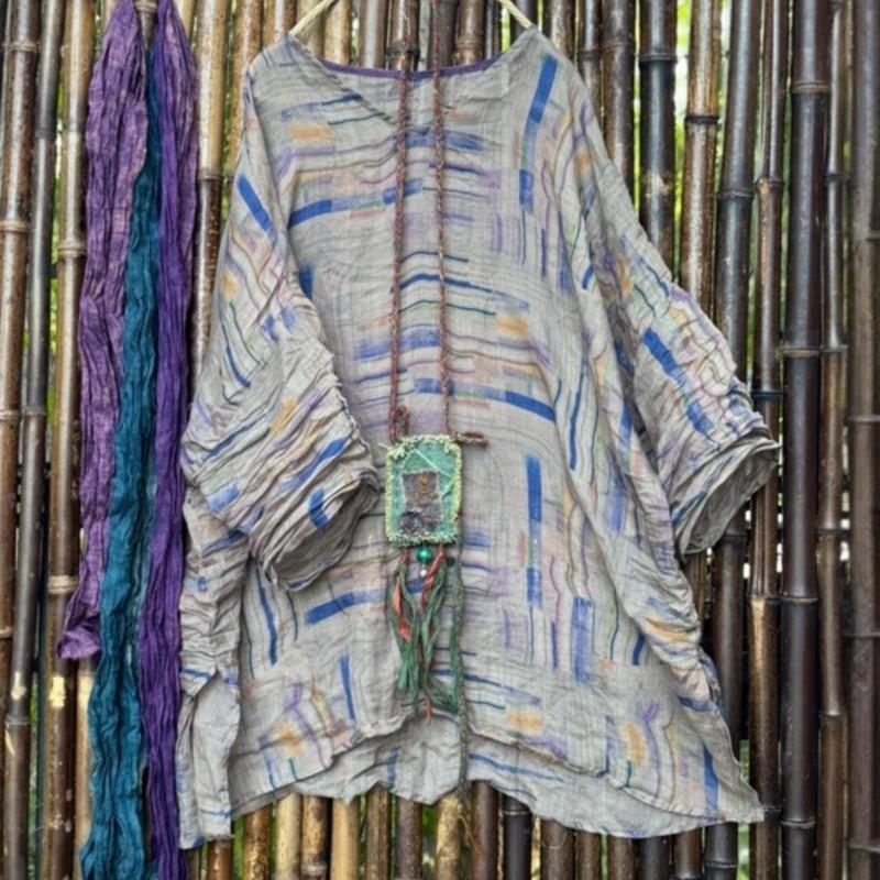 Johnature Women Vintage Print T-Shirts V-Neck Seven Sleeve Autumn Loose Female Chinese Style T-Shirts