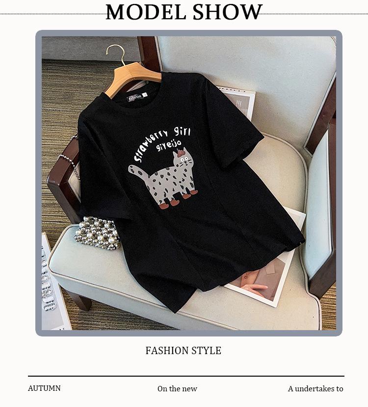 2025 Winter Women's Plus Size Thick Cotton Short Sleeve with Cat Print, Round Neck, Versatile and Extra Large Fit