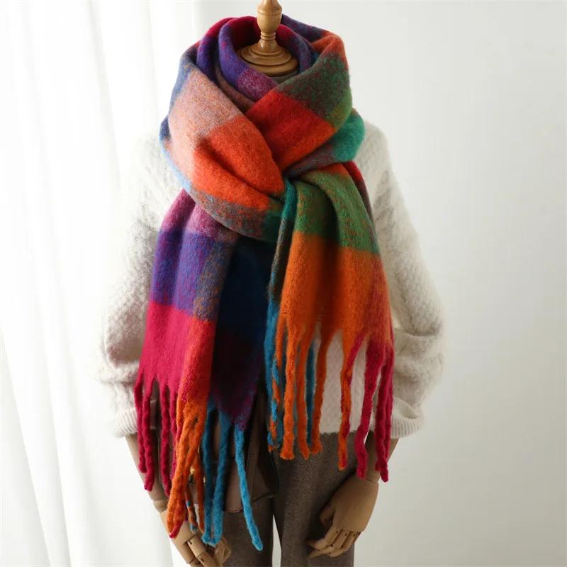 Autumn Winter Luxury Women Scarves 240*38Cm Men Thickening Warm Scarf Rainbow Plaid Tassel Shawl Cashmere Imitation Fashion Wrap