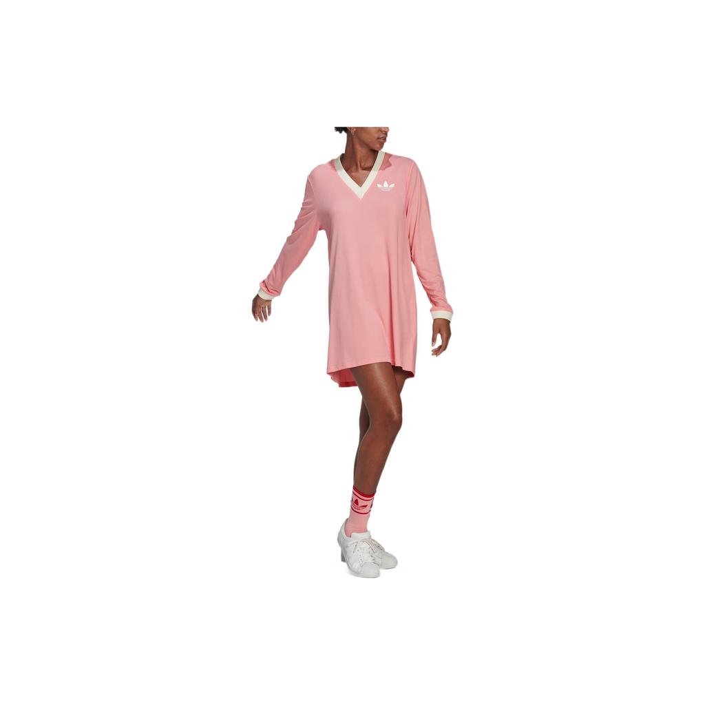 Adidas Originals Trefoil Logo Print V-Neck Long Sleeve Dress Women Dresses Pink IB2050