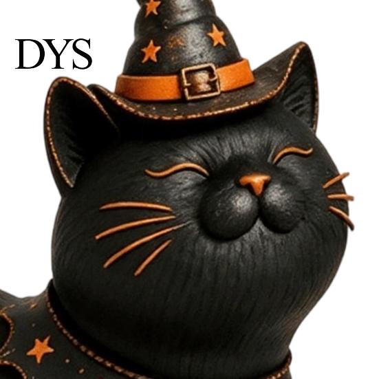 Niedliche Hexenkater-Skulptur für den Garten Halloween Schwarz Mit Hut Figur, Harzstatue Sammlerstücke Schreibtischregal, Gruselige Heimdekoration, Geschenk
