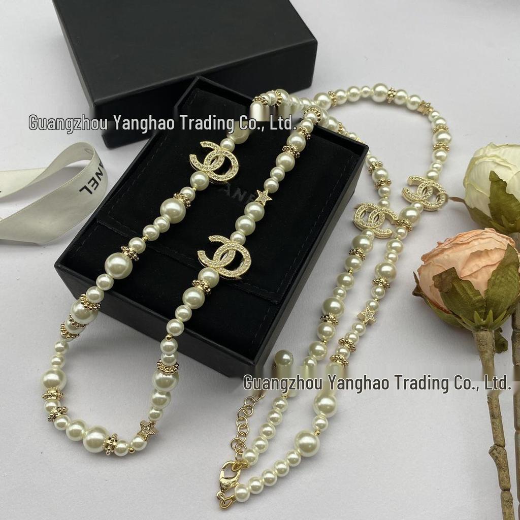 Seiko Women's High-Quality Double C Diamond Star Pearl Sweater Necklace