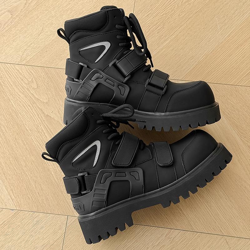 Niszowe Jesienne Buty Motocyklowe Unisex Martin High-Top na Rzepy z Podwyższeniem Wysokości