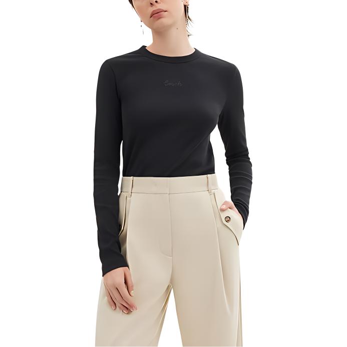 Coach Embroidered Ribbed Crew Neck Long Sleeve Shirt Women tops Black CU436-BLK