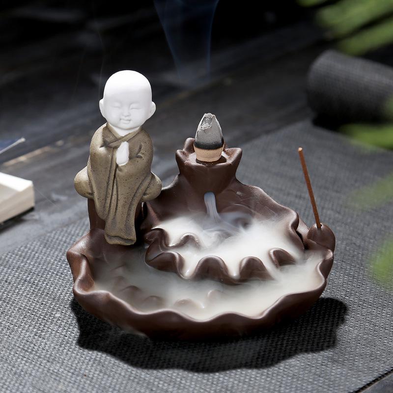 

Lotus Ceramic Backflow Incense Burner with Little Monk Ornament for Home Aromatherapy