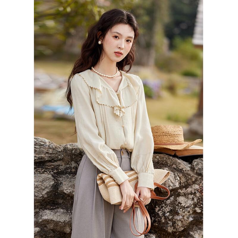 Sweet Chiffon Blouse with Ruffled V-Neck and Puff Sleeves S