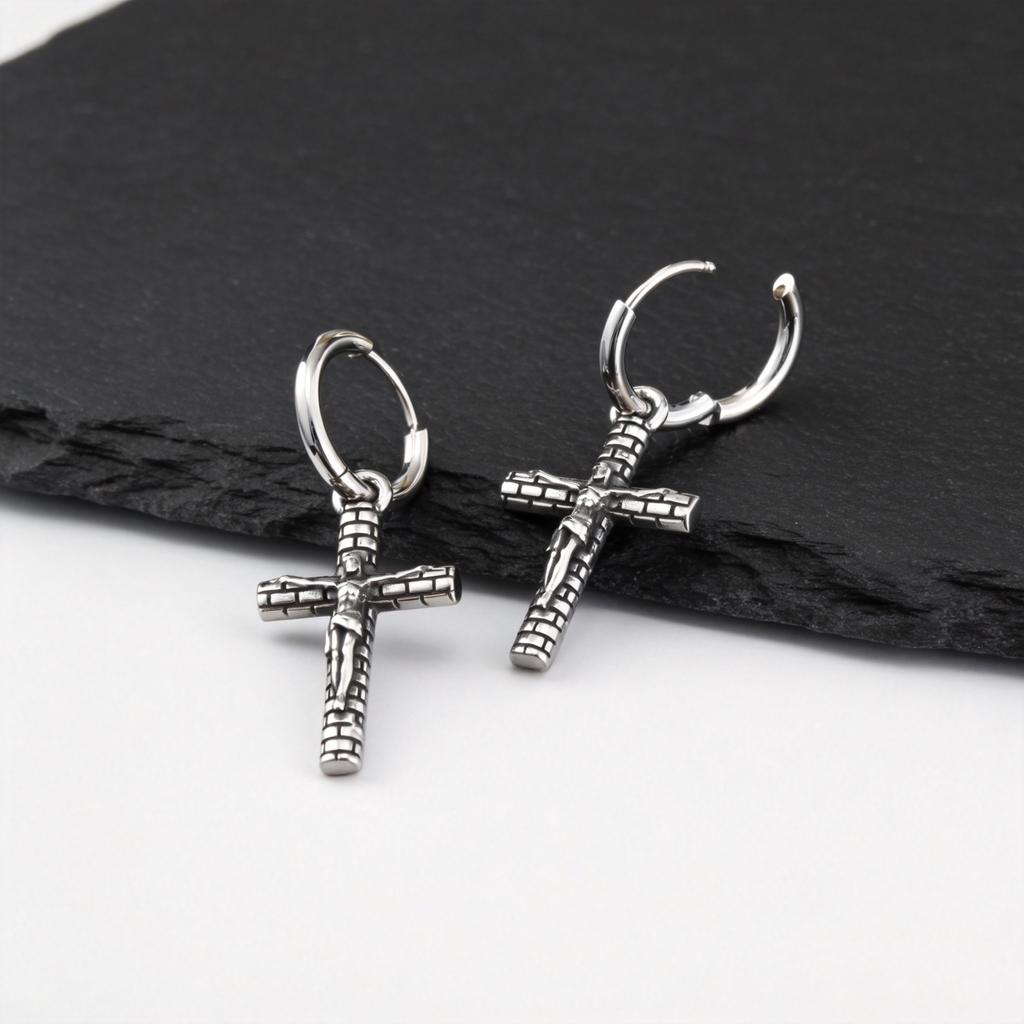 Vintage Crucifix Cross Hoop Earring for Men,Hypoallergenic Stainless Steel Drop Earring,Hip Hop Trendy Jewelry