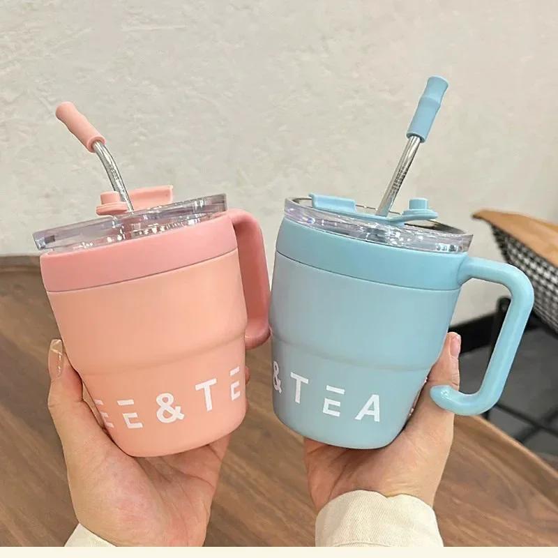 480ml Coffee Cup with Straw Lid Stainless Steel Thermos Mug for Hot Cold Drinks Water Tea Milk Office Outdoor Portable Bottle