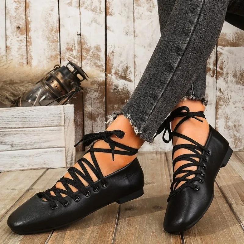 Fashion Autumn Ballet Flats Shoes Women Comfy PU Leather Shoes Luxury Women Square Toe Flat Mary Janes Casual Lace-up Ladies Shoes