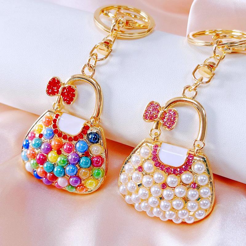 Cute Keychains for Women Rhinestone Pearls Bags Shape Key Chains Jewelry for Car Women's Bags Decoration Bag Charm