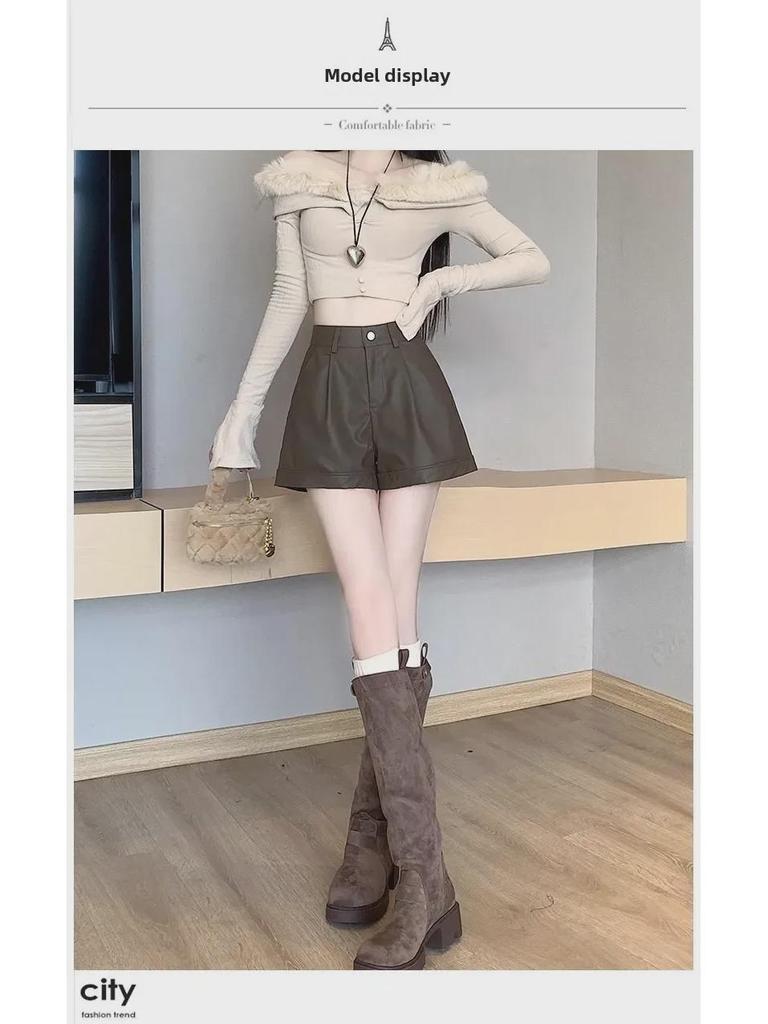 Dámské šortky z PU kůže s vysokým pasem - Slim, volný střih, široké nohavice, ležérní na jaro, podzim, zimu, americký styl.