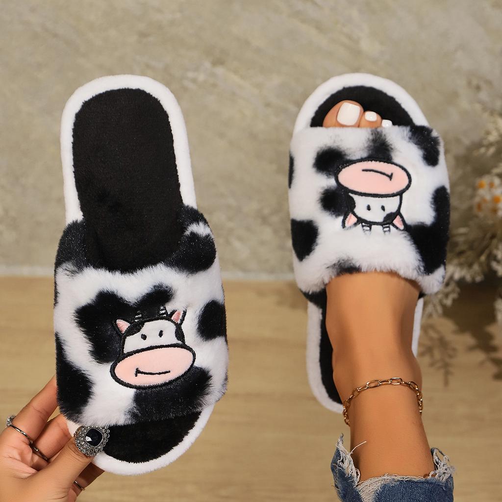 Fashion Women Cartoon Cow Slippers Open Toe Soft Plush Bedroom Home Shoes Woman Lightweight Flat Heels Couples Indoor Slippers Plus Size