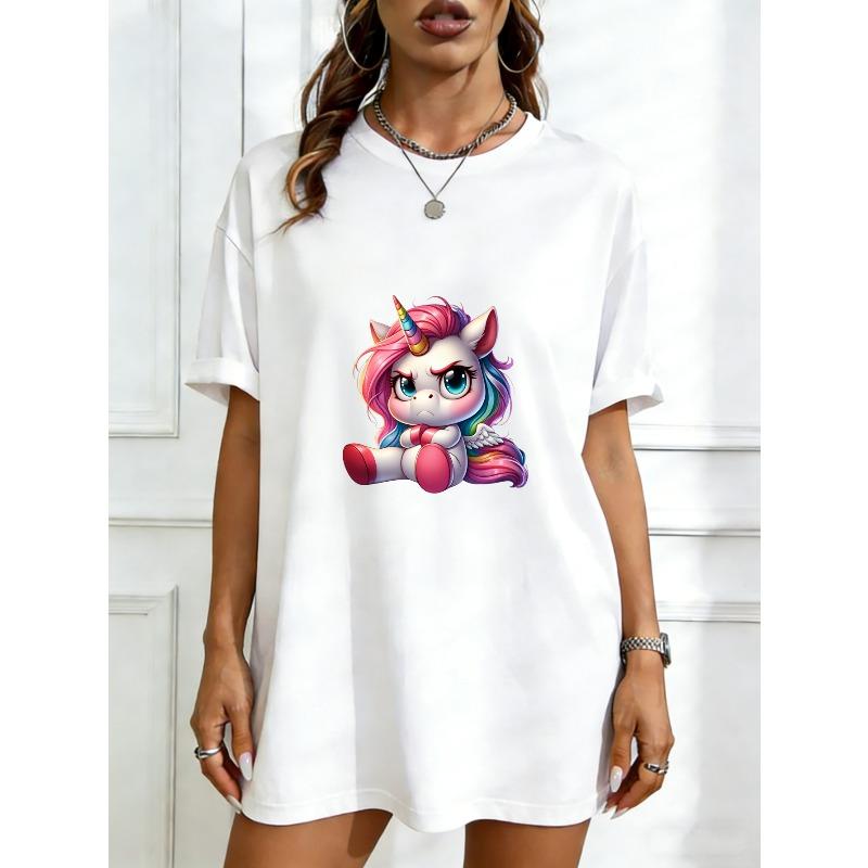 

Oversized T Shirt Dress Black Cute Rainbow Unicorn Print For Casual Wear XXXXL білий