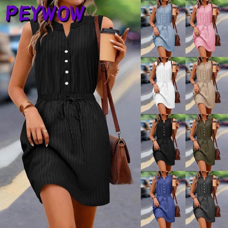 PEYWOW Moda damă vară primăvară rochii casual fără mâneci cu decolteu în V cu imprimeu