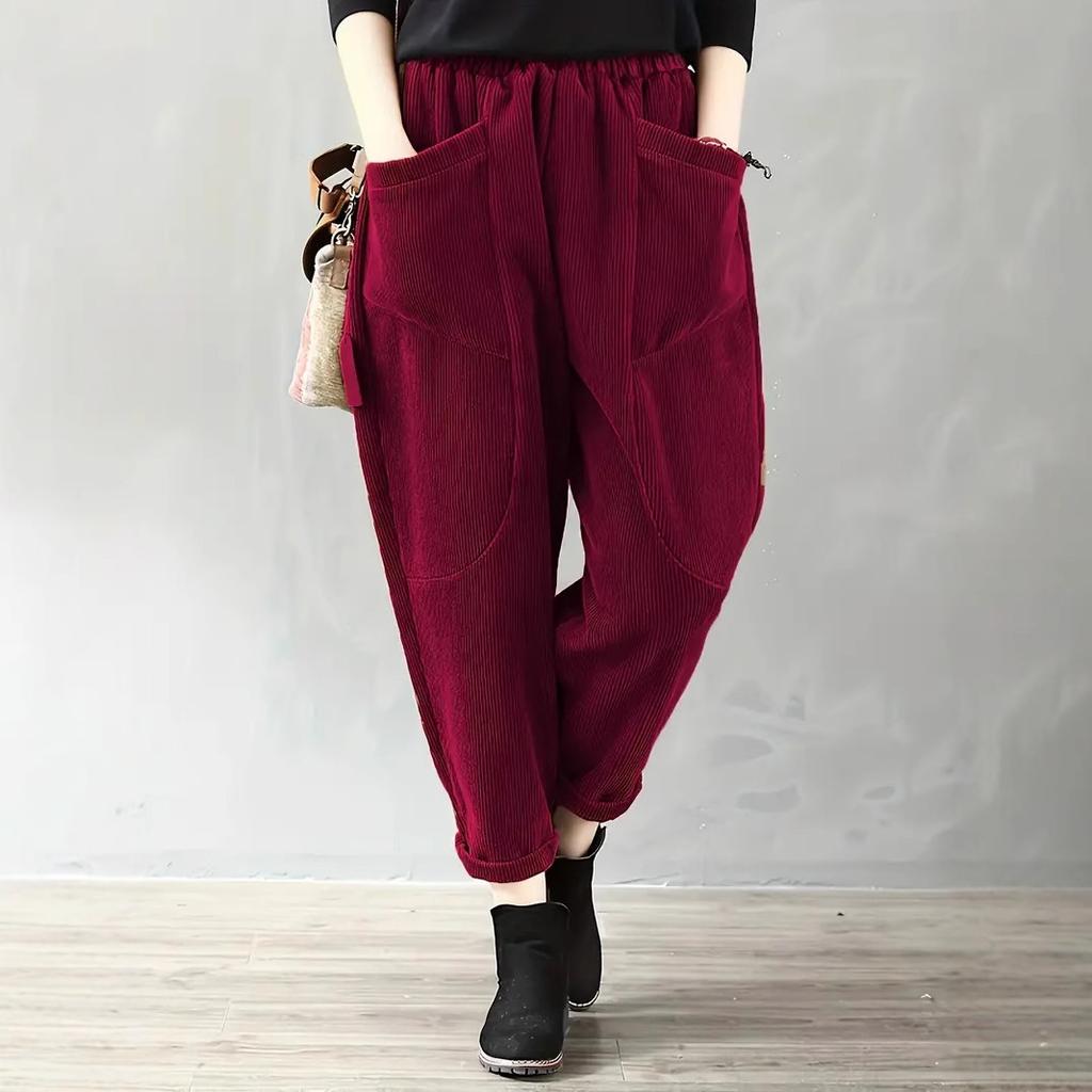 Single-layer Corduroy Harem Pants for Spring and Summer, Solid-coloured Literary and Retro Women's Loose-fitting Pocket Casual Trousers