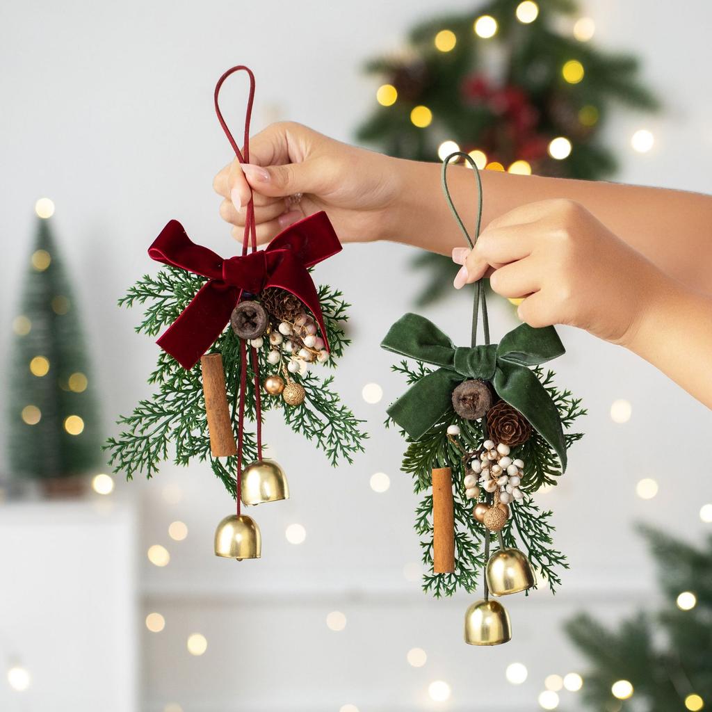 Christmas Ornament Velvet Bow Pinecone Pine Branch Hanging Pendant Xmas Tree Decor Vintage Metal Bells Home Party Decor