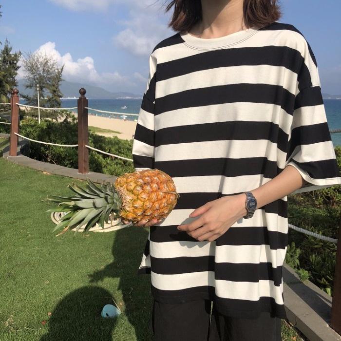 

2022 Корейский летний свитер Harajuku в полоску свободного кроя с круглым вырезом и короткими рукавами для женщин XXL
