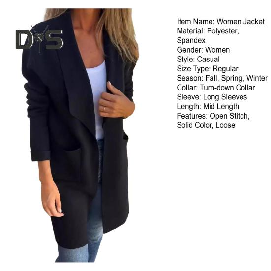 Damenjacke mit Umlegekragen, Taschen, einfarbig, offener Stich, locker, Thermo, langärmelig, Pendeln, Dating, Frühling, Herbst, Wintermantel