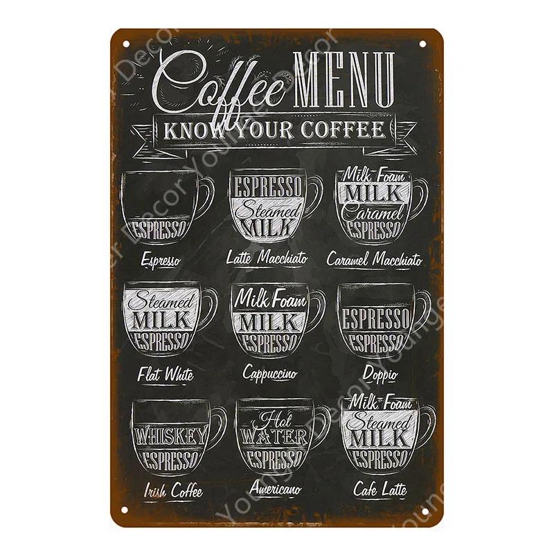 

Кофейное меню, табличка для домашнего бара, кафе, винтажный декор стен, художественные металлические жестяные вывески, паб, таверна, ретро-декоративные тарелки, металлический плакат YJ177 20x30cm