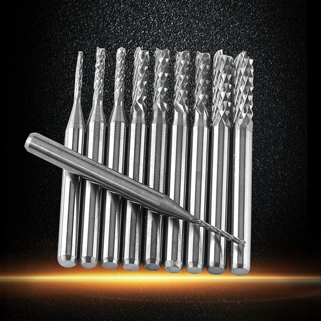 10ks Karbid wolframu Frézy Gravírovací bity Fréza Řezná hrana 1.0,1.5,2.0,2.5,3.0mm