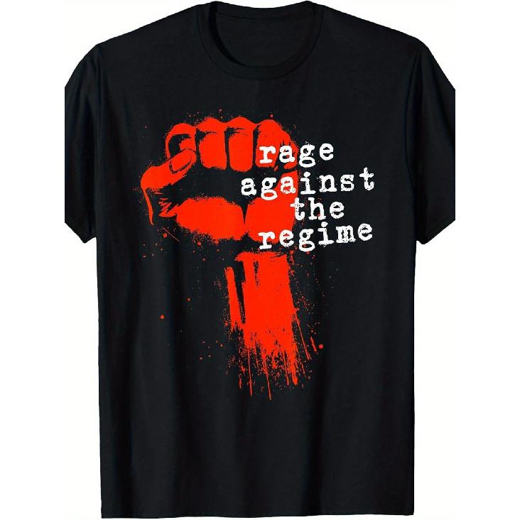 Anti-establishment Protest T-shirt - 100% Fist-raising and Slogan Print, Black/red/white Political Manifesto Casual T-shirt, Suitable for Casual