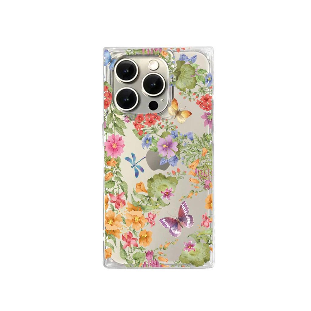 Clear Square Back Tube Case Protection For iPhone 15 Plus 14 Pro Max 13 16 ProMax 11 12 Anti-Oxygen,Flower Butterfly Pattern Casing